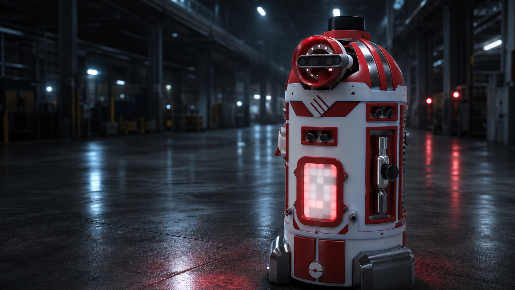 FE-B1 patrolling a dark warehouse